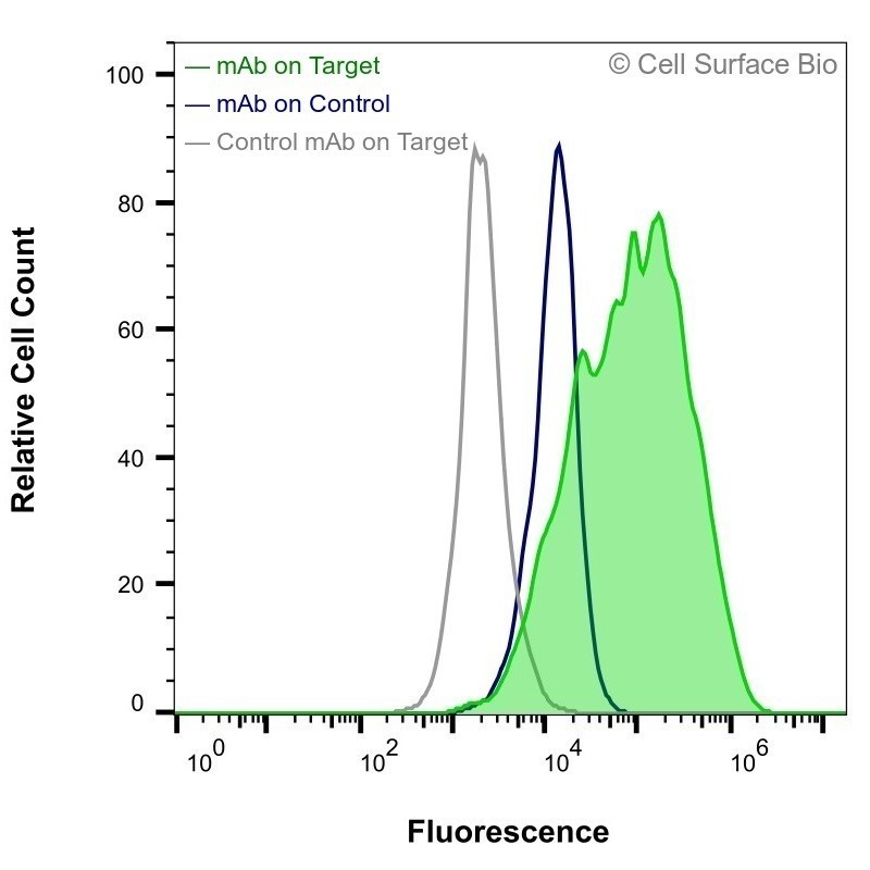 Two Graph of Flow cytometry assays on transiently transfected HEK-293F cells. Green shows MAb on target, Blue MAb on Control, and Gray the Control MAb on Target. They show the assays (and the MAb) are robust as the MAb used on control cells detects the protein when it is endogenously expressed by the cell.