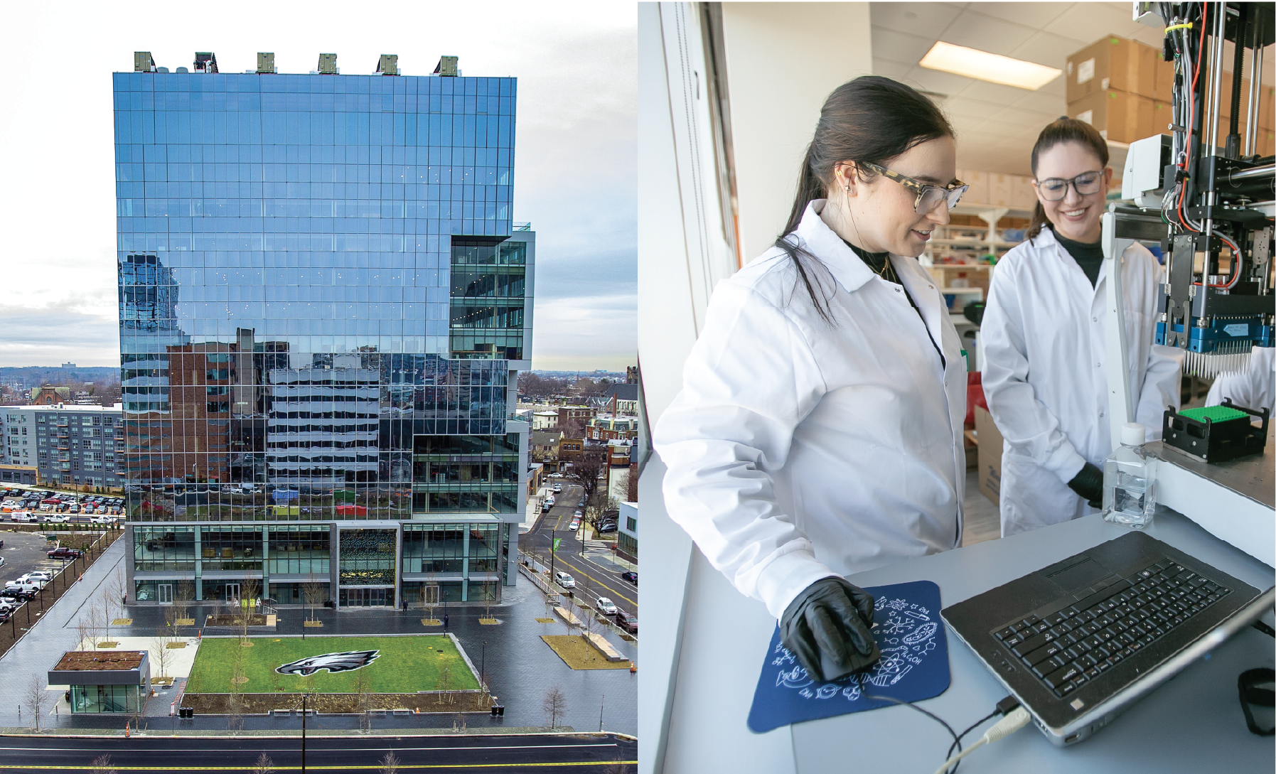 Integral Molecular’s building at One uCity Square in Philadelphia. MPA scientists working in our high-throughput lab.