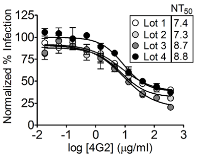 Graph shows consistent neutralization titers across 4 lots of RVPs.